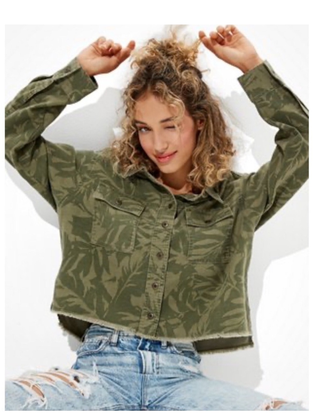 American Eagle Outfitters Olive Green Cropped Utility Jacket with Leaf Print